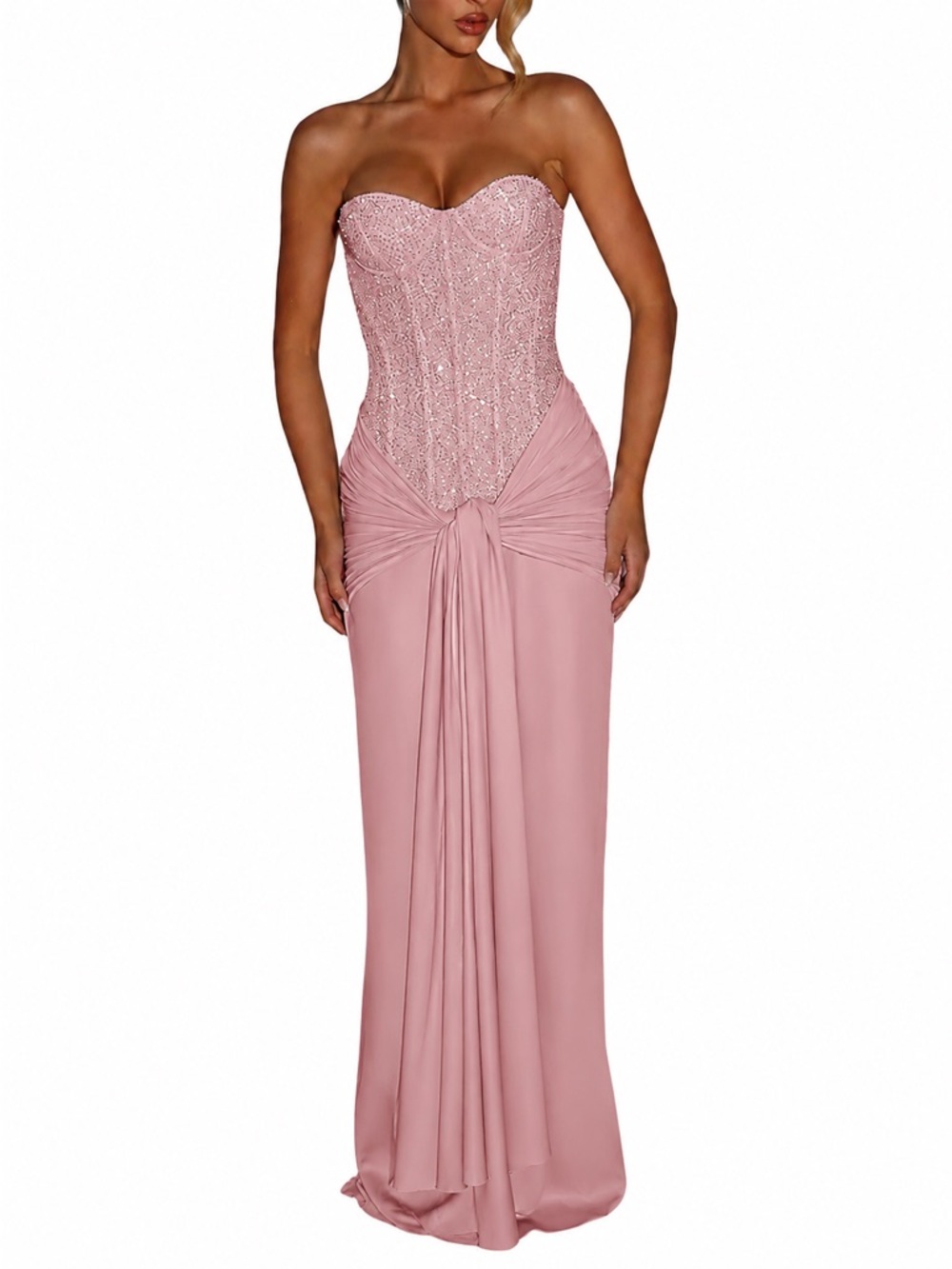Strapless Pink Embellished Evening Gown